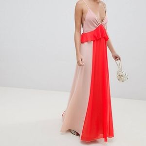 Asos design color block cami strap maxi dress with ruffle waist